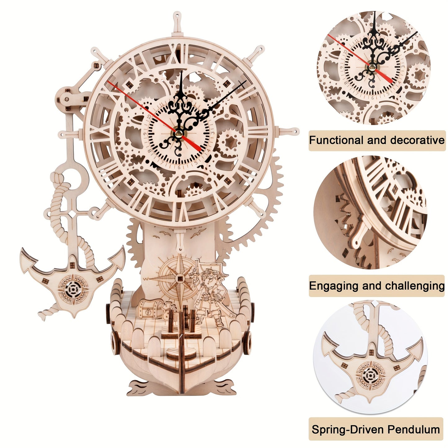 Pirate Ship Clock 3D Wooden Puzzles for Adults, Wooden Models for Adults to Build DIY 3D Puzzle Mechanical Clock Kit, Clock Making Kits Gift for Adults.