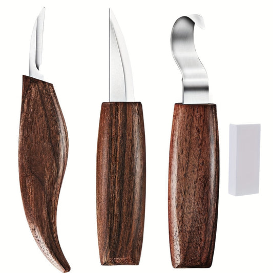 3pcs Set Walnut Wood Carving Knife, Bending Knife, Straight Knife, Anti-cut Gloves, Carving Wooden Spoon, Hand Carving Pattern Tool