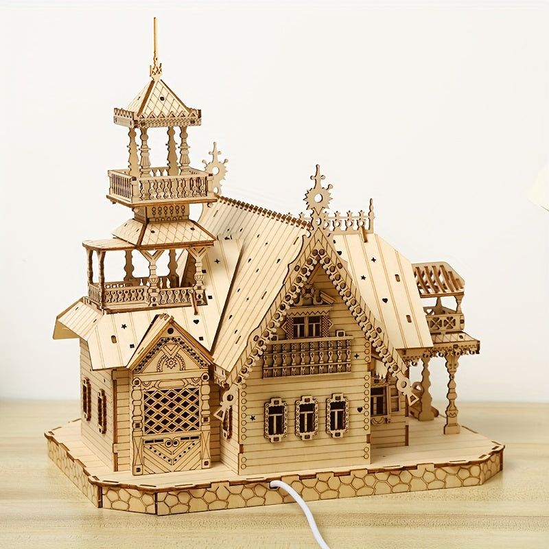 New 3D Wooden Architectural Model Decoration Creative Holiday Party Gift Toy DIY Assembly Luminous House With Lights Birthday Gift Christmas Halloween New Year's Gifts, Gift For Friends! easter gift