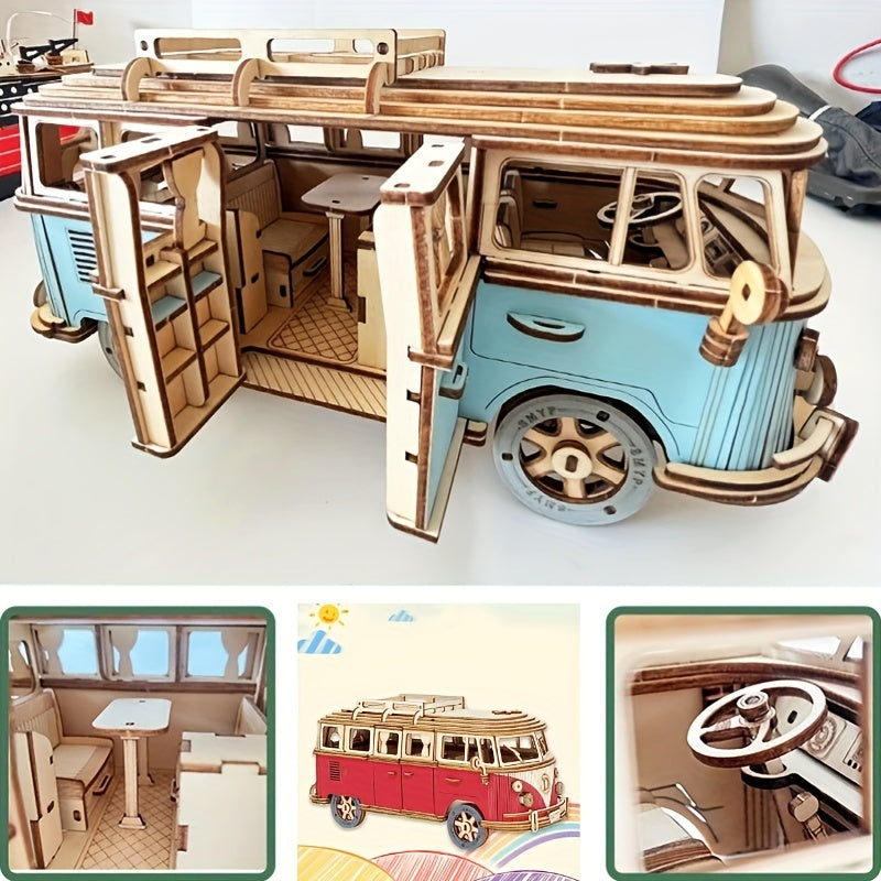 Blue And Red Wooden Puzzle Camping Car, Wooden Car Model, Assembled 3d